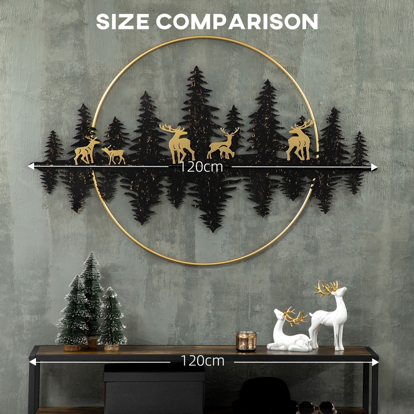 3D Metal Wall Art Modern Reindeer Forest Hanging Wall Sculptures Home Décor for Living Room Bedroom Dining Room, 47"x32"(120x80cm.), Gold Black