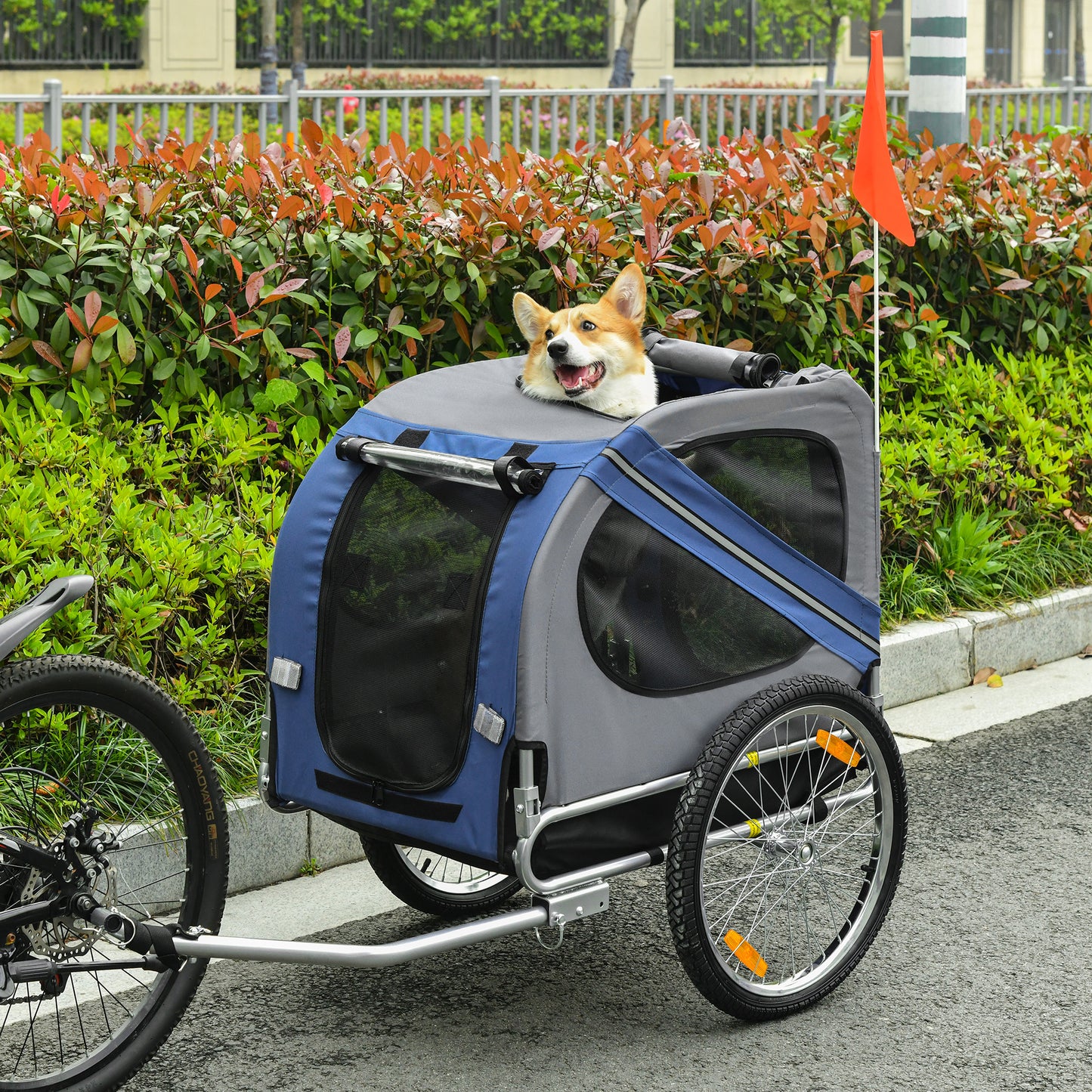 PawHut Dog Bike Trailer Pet Cart Bicycle Wagon Cargo Carrier Attachment Foldable for Travel, Blue and Grey