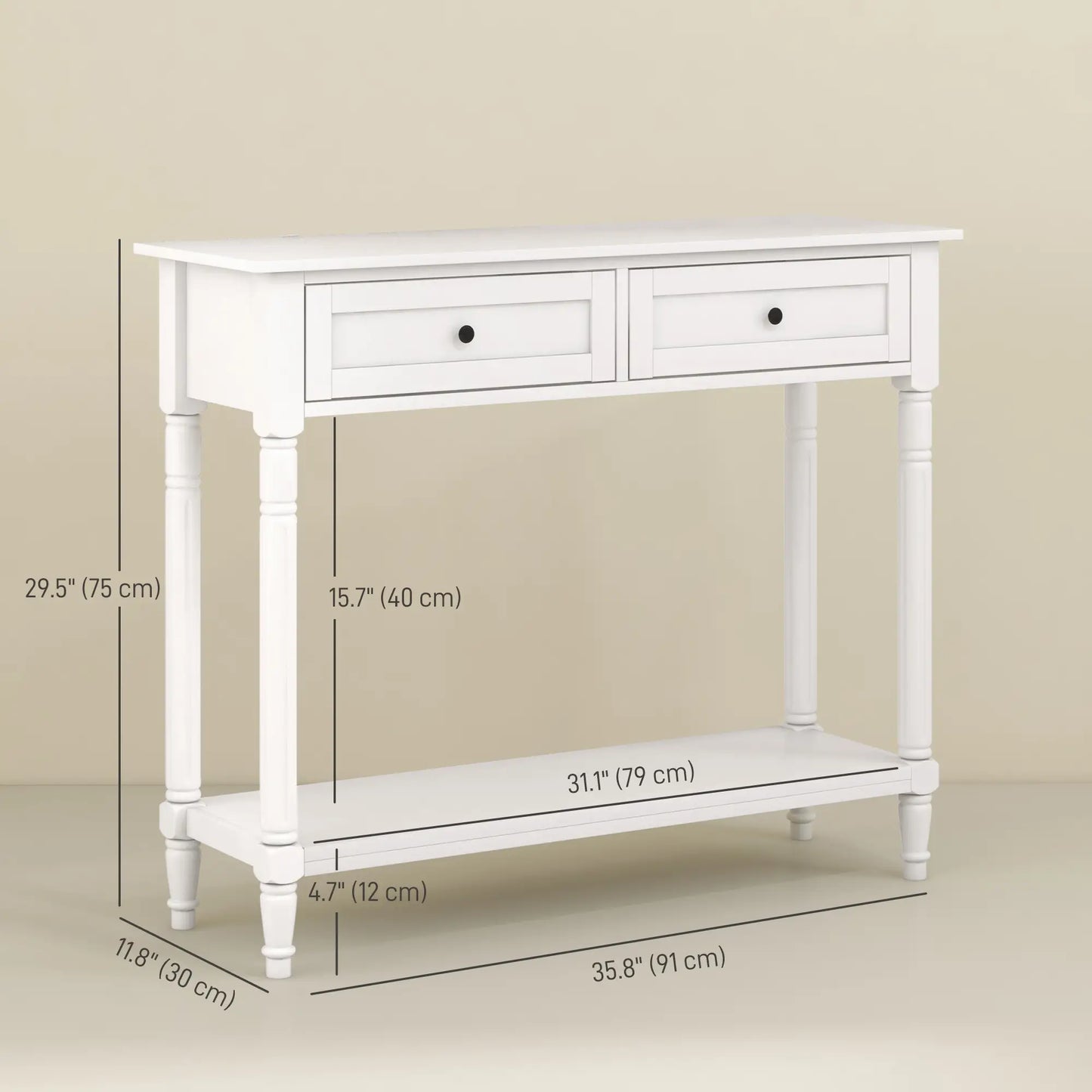 Modern Entryway Table with 2 Drawers, Storage Shelf and Turned Legs in white