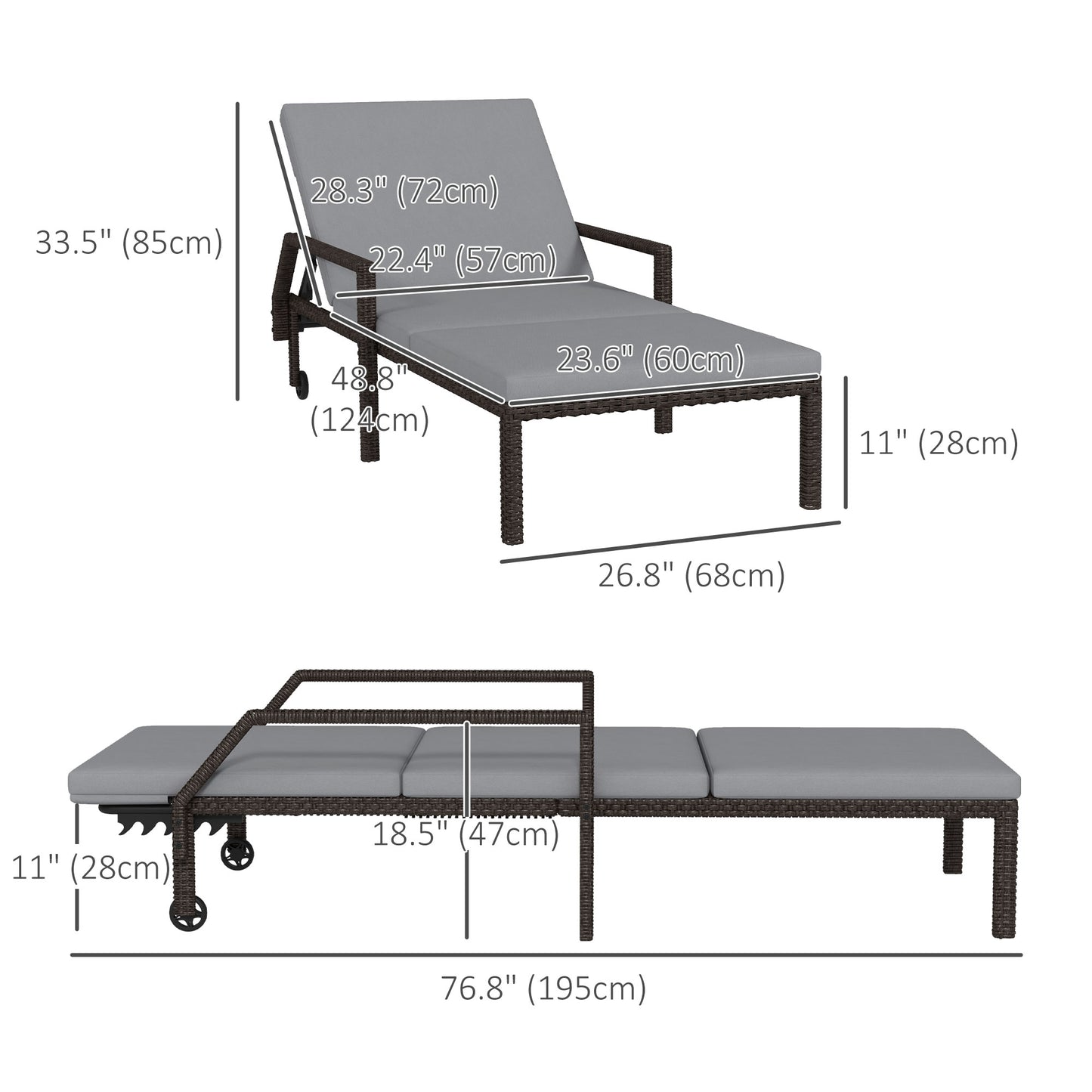 2 Piece Wicker Chaise Lounger PE Rattan Outdoor Lounge Chair Recliner with Adjustable Backrest and 2 Wheels, Grey