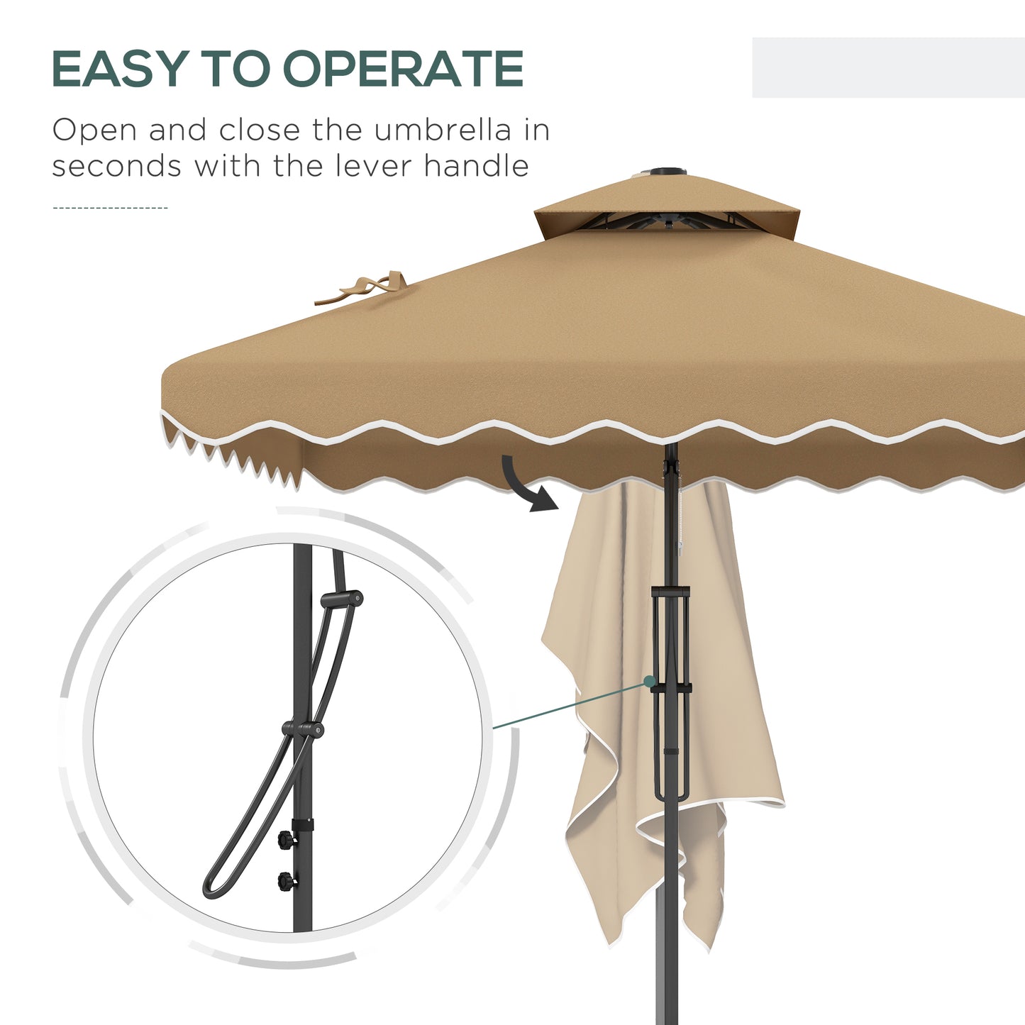 8' x 8' Square Double Top Offset Patio Umbrella Garden Parasol with Ruffles, Lever Handle and Weights, Khaki