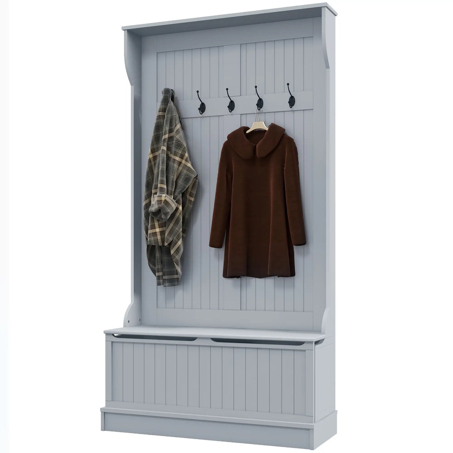 3-In-1 Entryway Hall Tree w/ Coat Rack, Shoe Storage and Bench Seat, w/ 4 Hooks in Grey