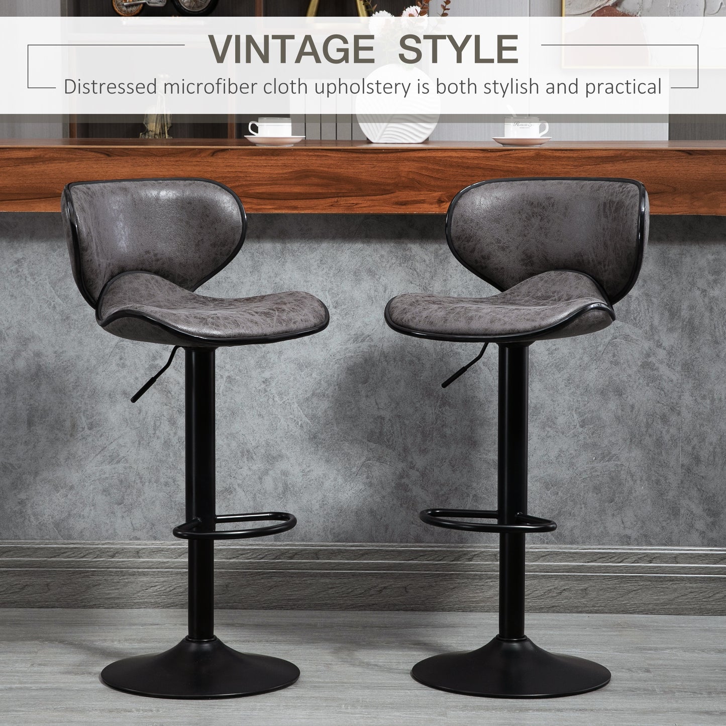 Vintage Bar Stools Set of 2, Microfiber Cloth Adjustable Height Armless Chairs with Swivel Seat, Dark Grey