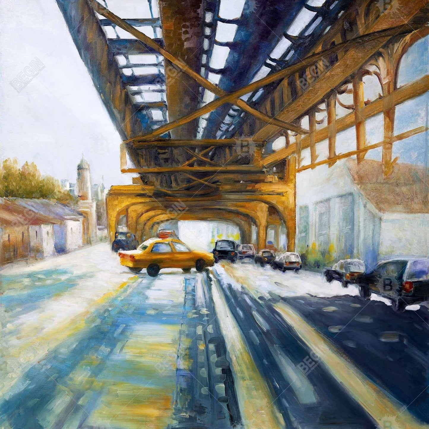 Cars Under the Bridge | Framed Print On Canvas 36" X 36"