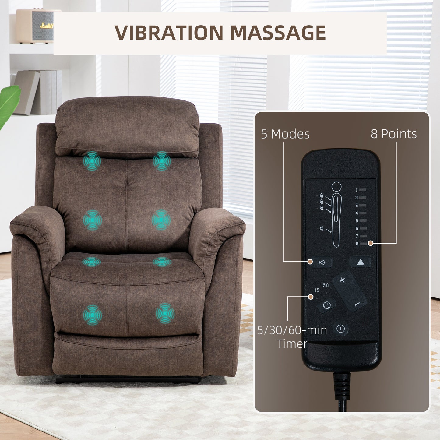 Manual Recliner Chair with Vibration Massage, Reclining with Side Pockets, in Brown