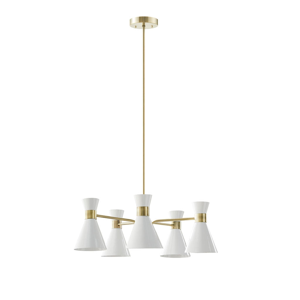 Adjustable 5-Light Mid-Century Brass White Chandelier