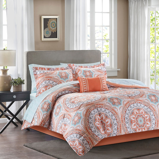 Boho Medallion Complete Comforter & Sheet Set, Coral