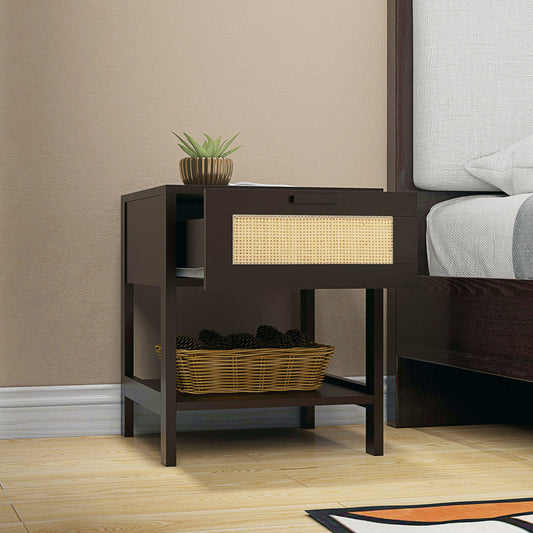 Modern Bedside Table, Accent Nightstand with Drawer and Open Shelf, Bed End Table for Bedroom, Living Room, Black