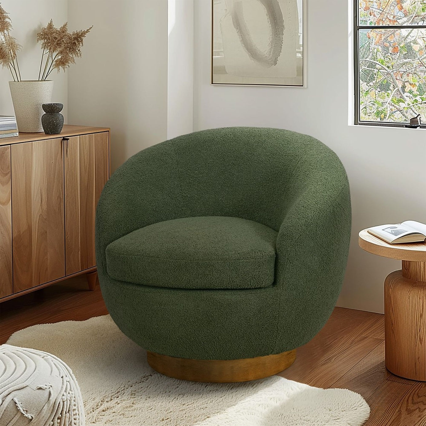 Green Shearling Sherpa Swivel Chair with Wood Base