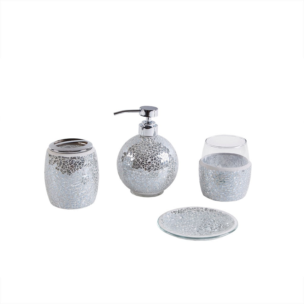 Glass Mosaic Bath Accessories Set of 4, Silver