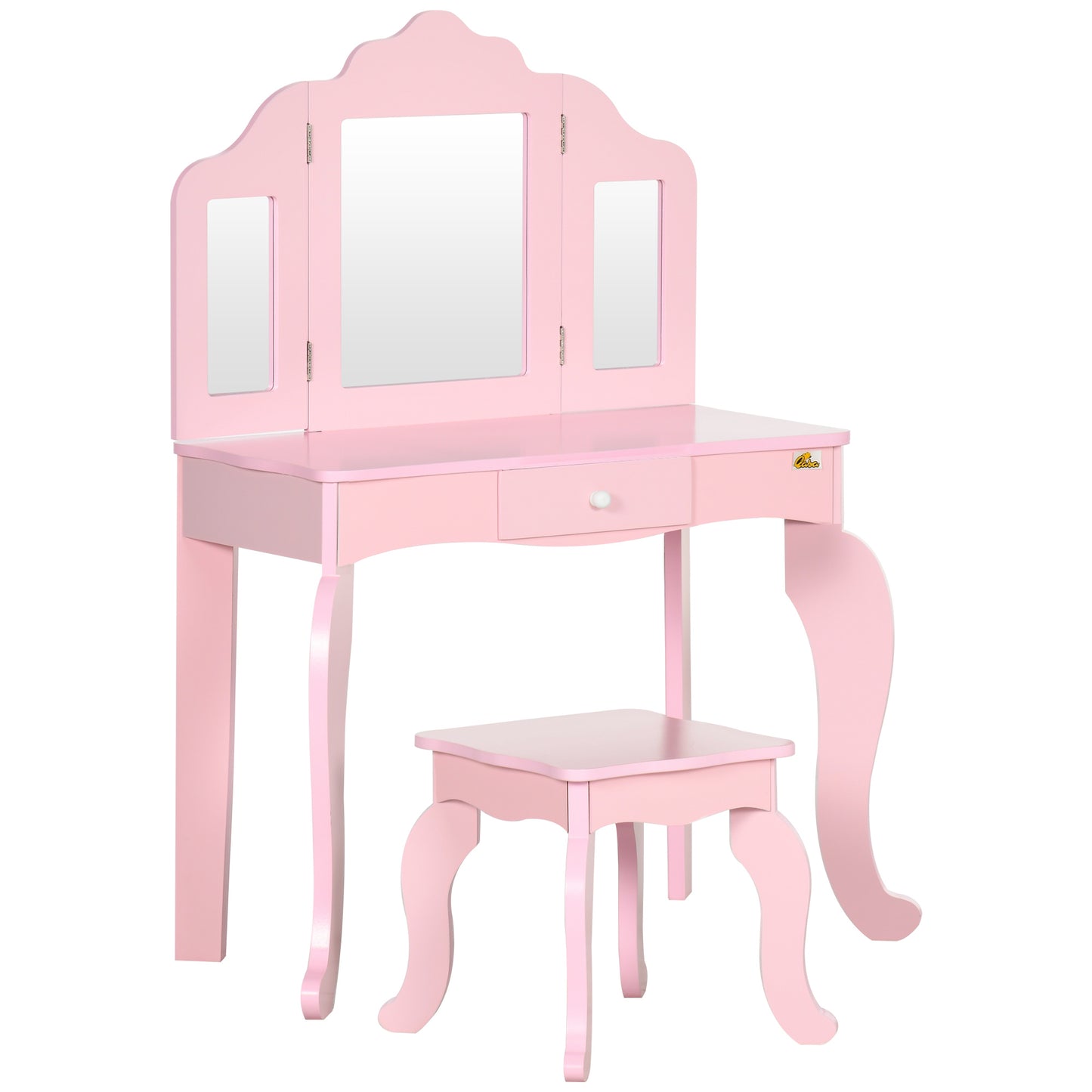 Qaba Kids Vanity Table & Chair Set, Wooden Princess Makeup Dressing Table, Pretend Play Vanity Set for Little Girls with Tri-folding Mirrors, Drawer, Pink