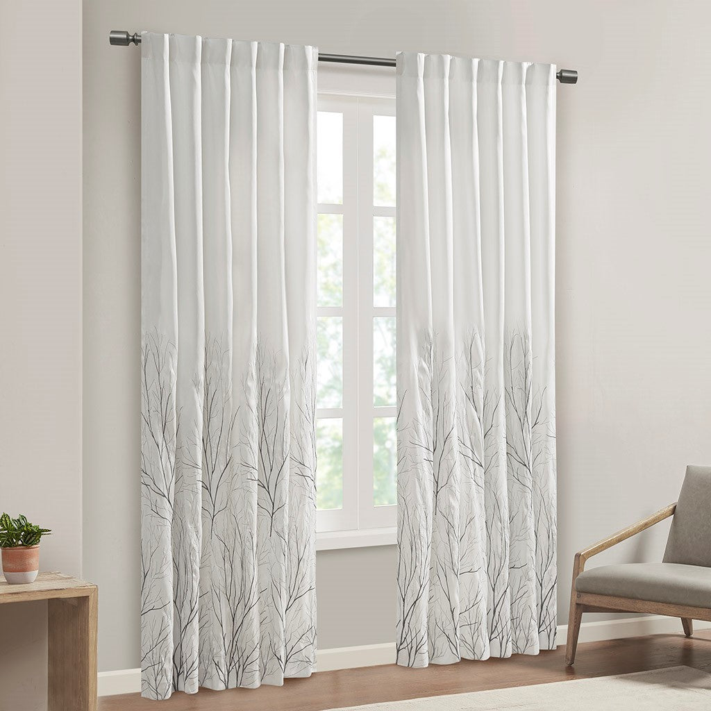 Embroidered Branches Faux Silk Window Panel, White SET OF 2 (1 PAIR)