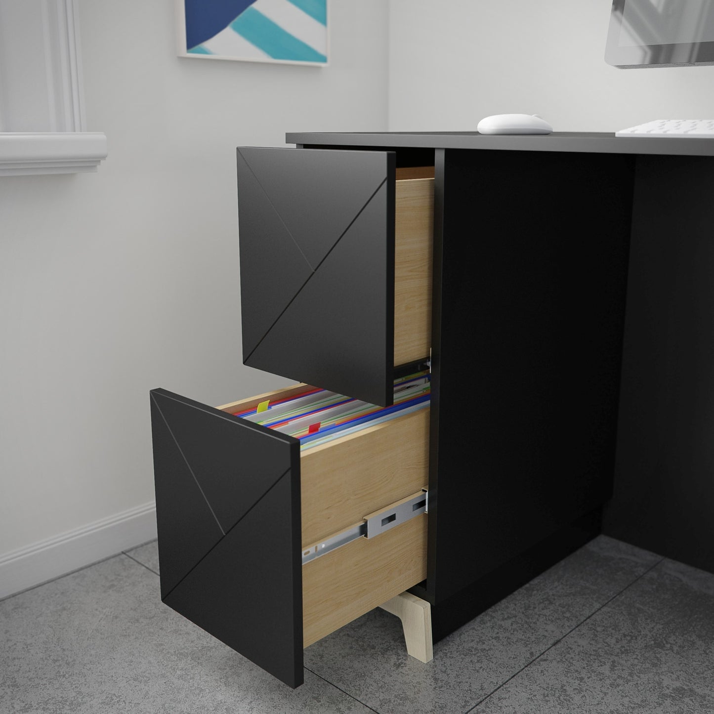 Nexera Atypik 2-Drawer Desk, Black and Birch Plywood