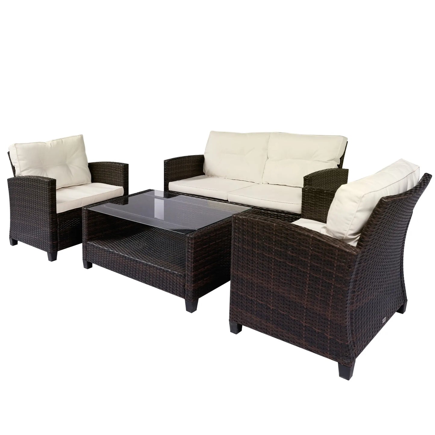 4 Piece Rattan Patio Furniture Set w/ Glass Table Top, Cushions for Backyard, Garden, Poolside, Deck, Khaki