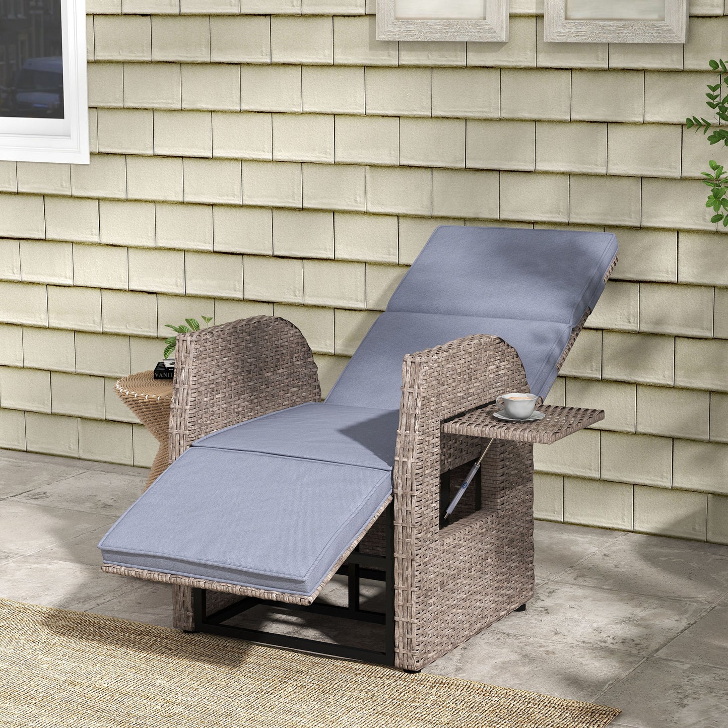 Outdoor Recliner Chair with Adjustable Backrest & Footrest, Cushion, Side Tray, Grey