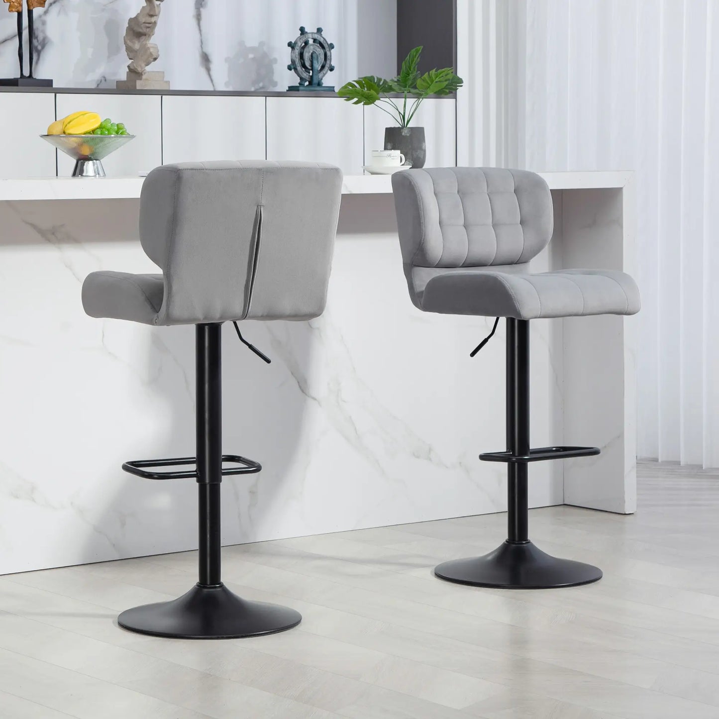 Swivel Tufted Velvet-feel Fabric Barstools Set of 2, Height Adjustable in Grey