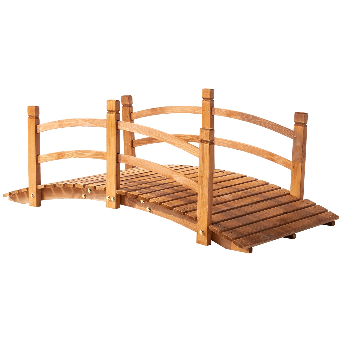 5FT Wooden Garden Bridge Classic Arc Footbridge with Guardrails for Stream Pond Walkway, Orange