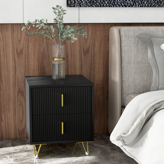 Modern Nightstand or End Table with 2 Drawers, Side End Table with Metal Legs for Living Room or Bedroom, Black