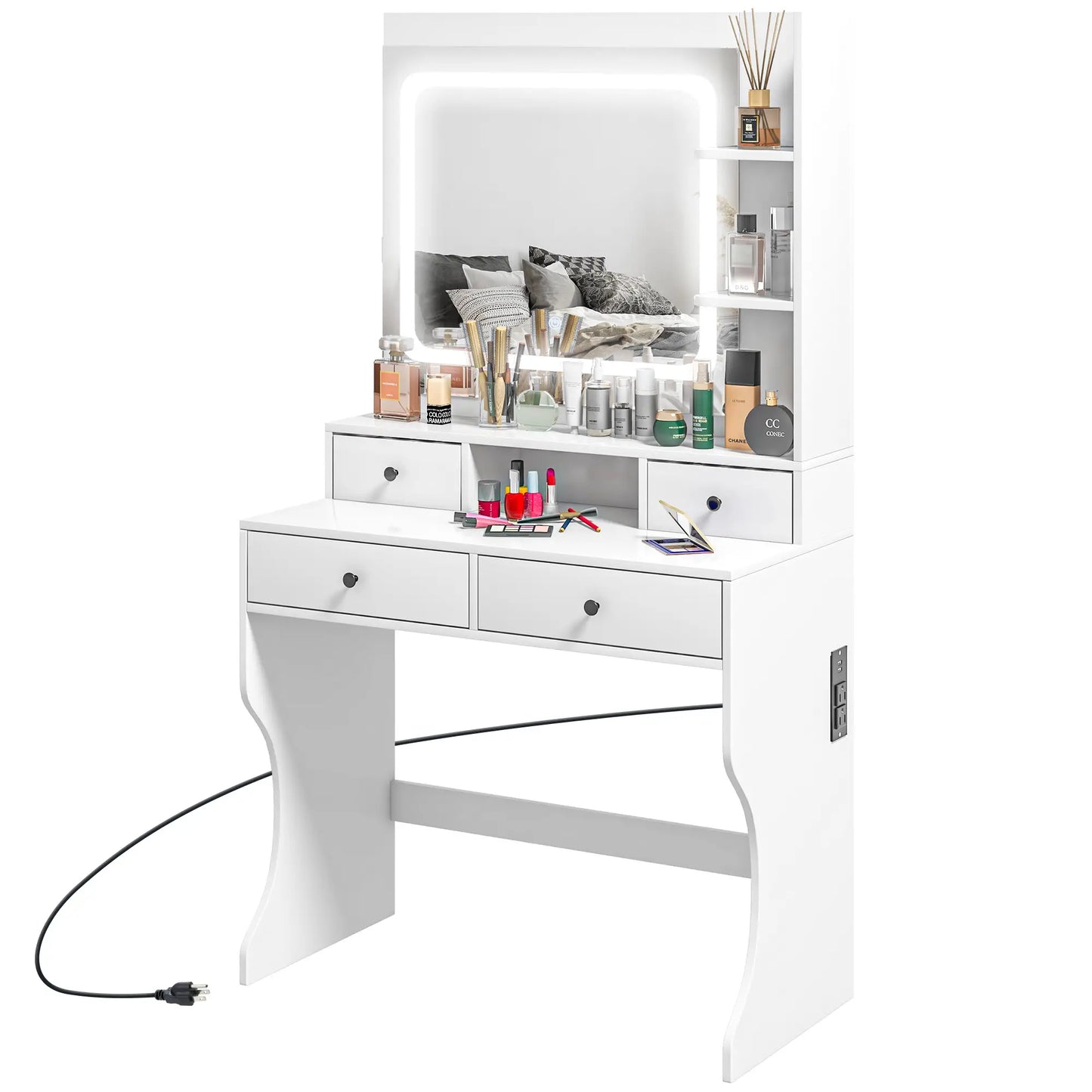 Vanity with Lighted Mirror, Charging Station, USB Ports, Drawers, Storage Shelves in White