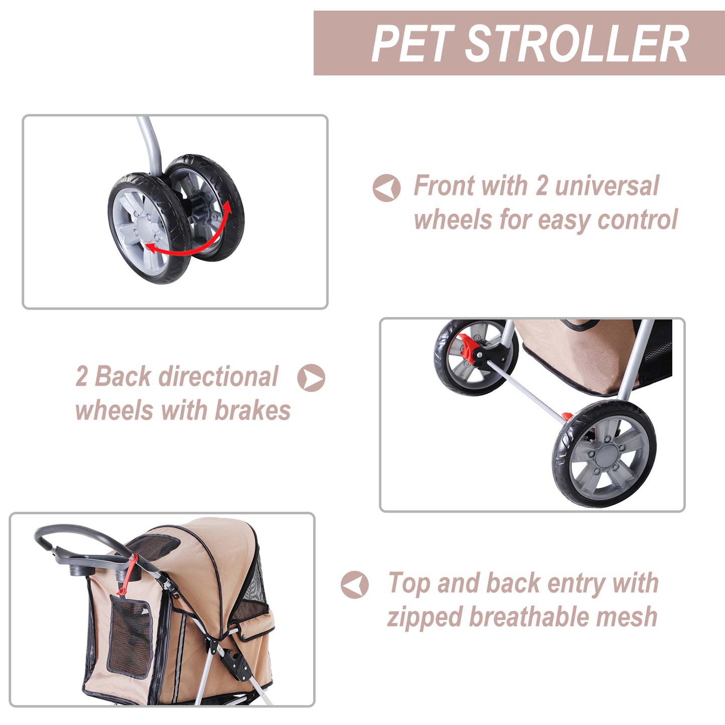 4 Wheel Dog Pet Stroller Dog Cat Carrier Folding Sunshade Canopy with Brake, Brown