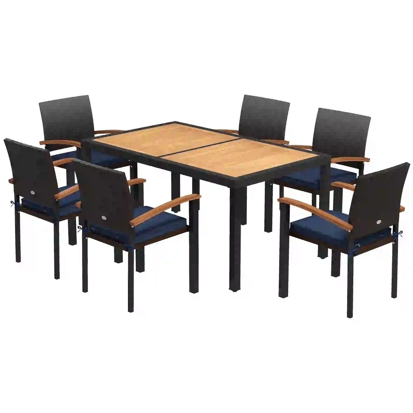 7 Pcs PE Rattan Patio Dining Set w/ Acacia Wood Table Top Soft Cushions, in Black