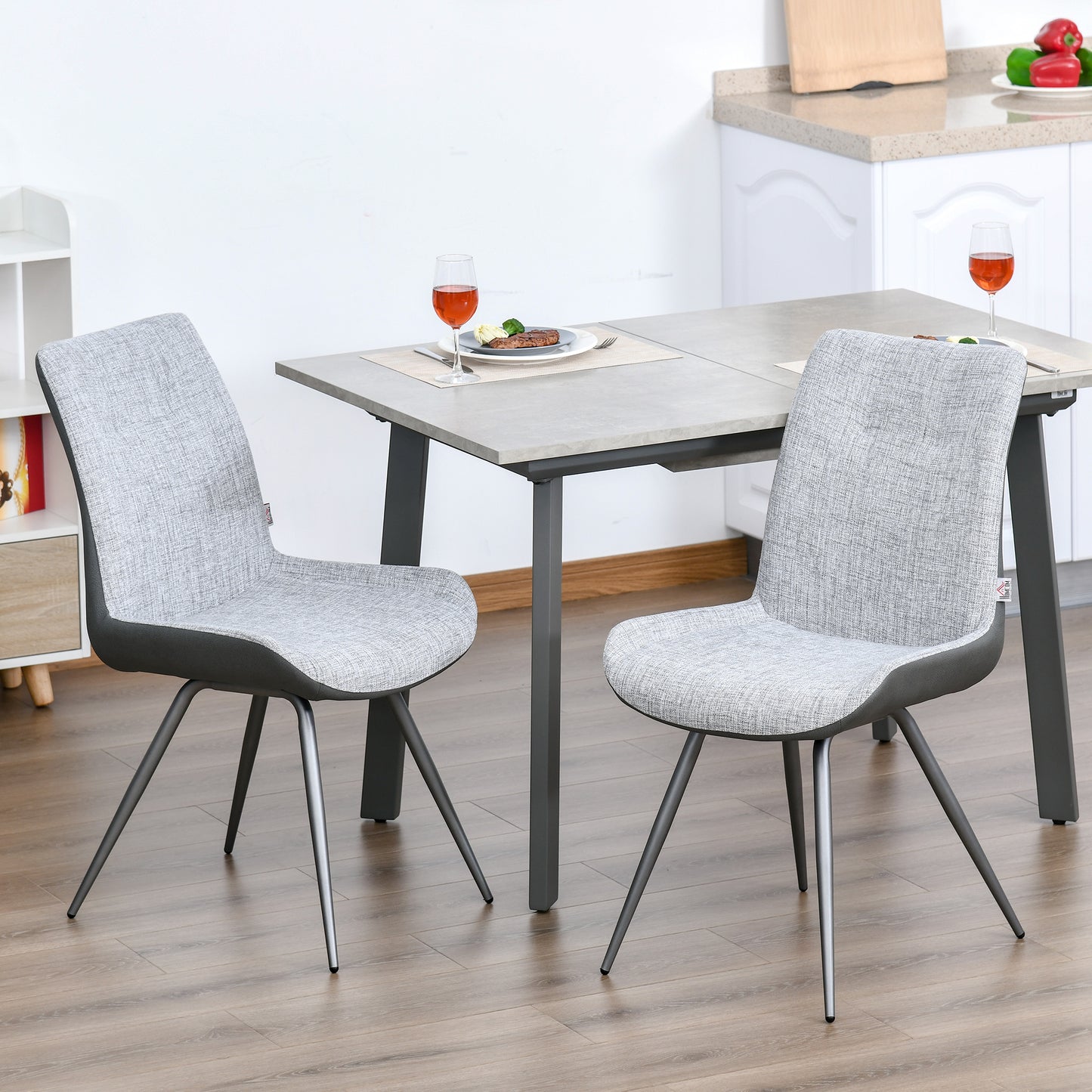 Modern Dining Chairs Upholstered Fabric and PU Leather Accent Chairs with Metal Legs for Kitchen, Set of 2, Grey