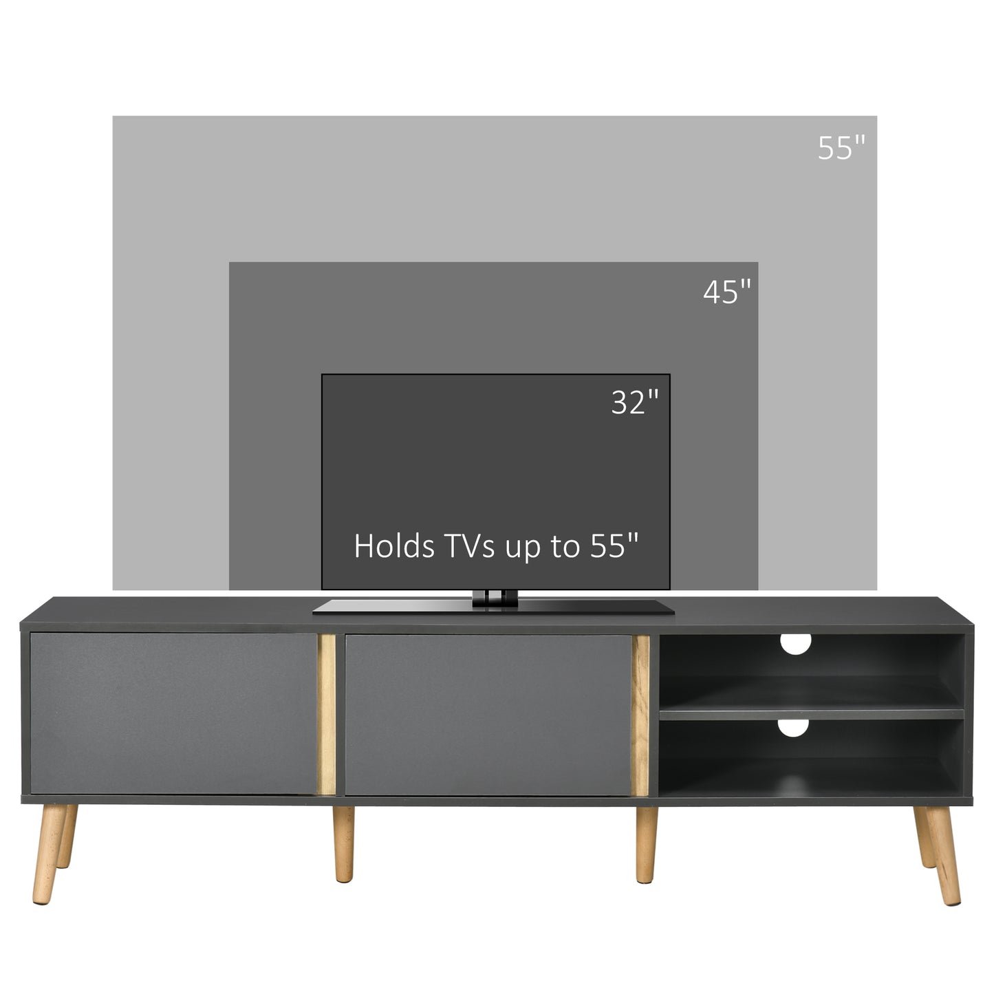 TV Stand for TVs up to 55",  with Shelves and Cable Holes, Dark Grey