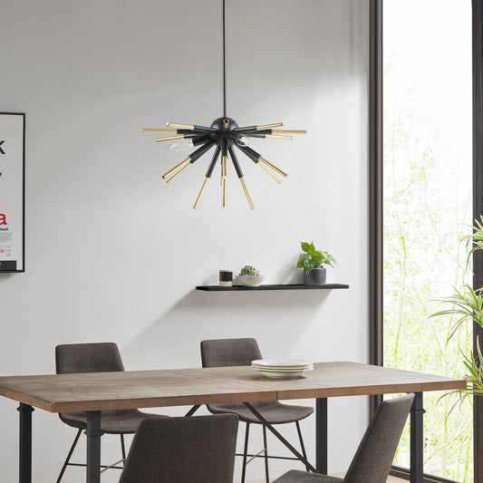 Modern Geometric 3-Light Spiked Chandelier, Gold/Black