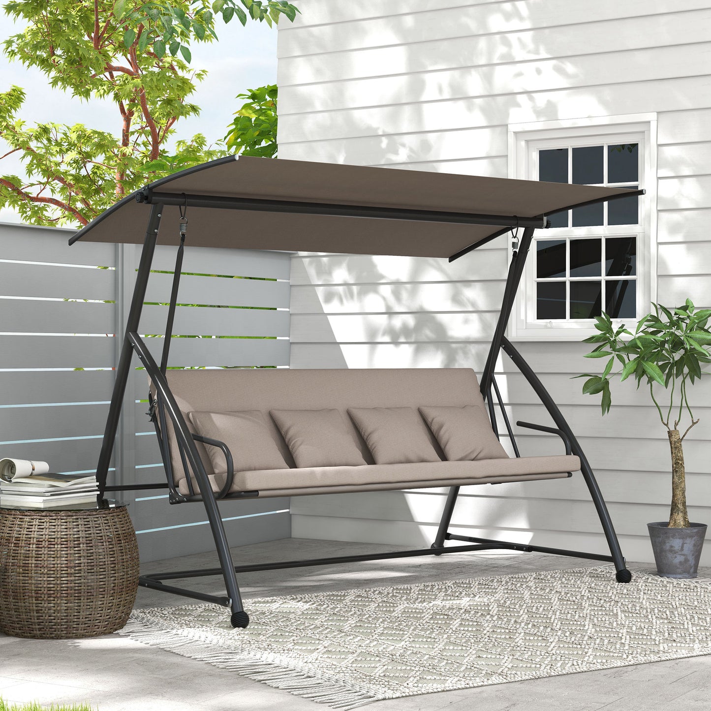 Outsunny 3 Seater Porch Swing Convertible Swing Chair Bed Cushioned Light Brown