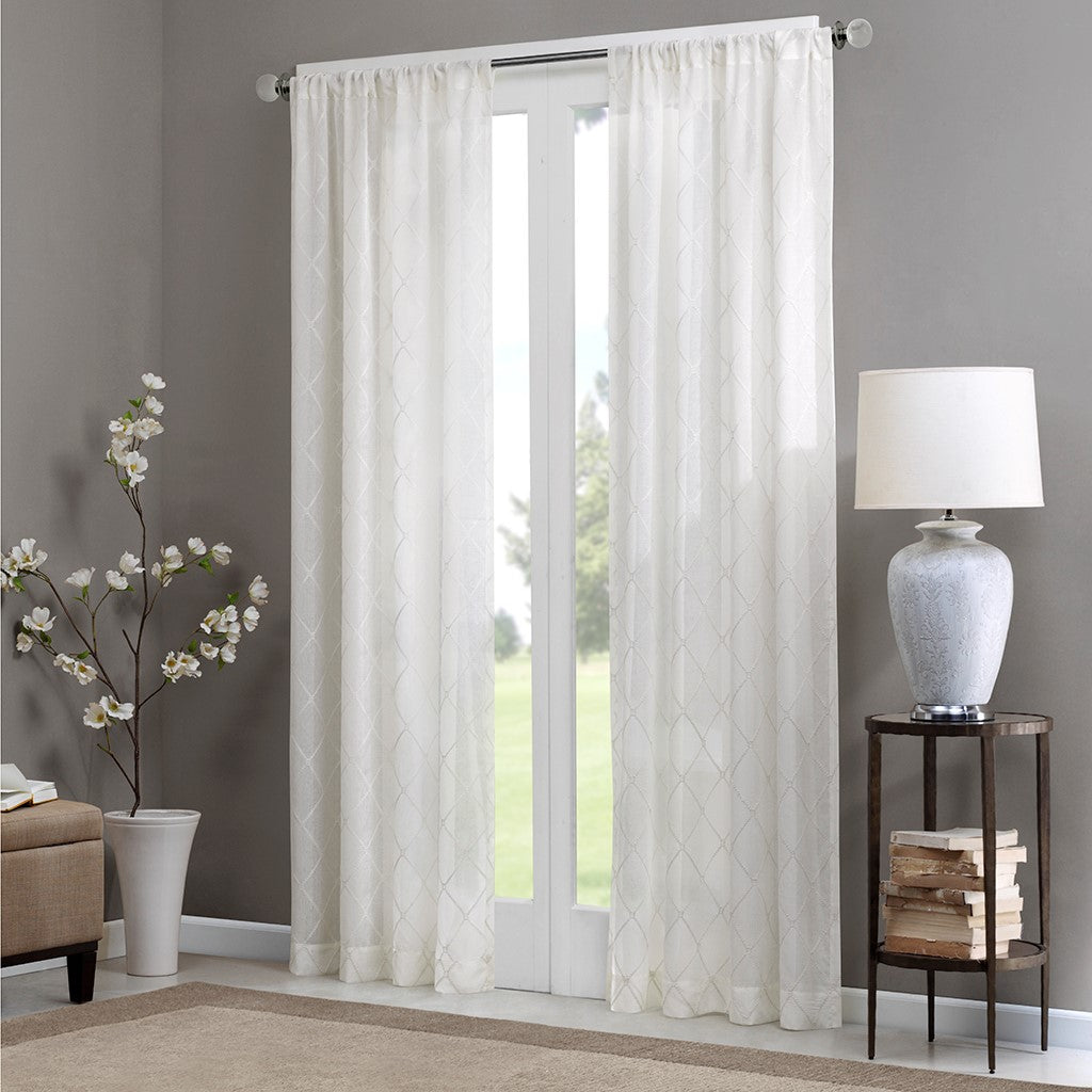 Embroidered Diamond Sheer Window Panel, White (ONE SINGLE PANEL)