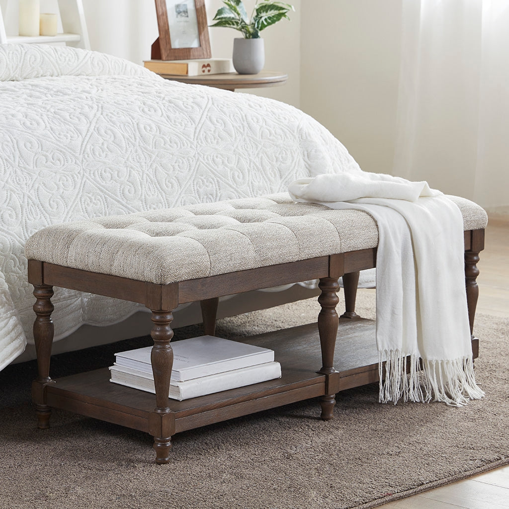 Terra Tufted Upholstered Accent Bench with Wood Shelf, Ivory