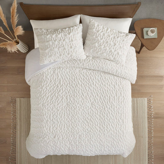 Ruched Faux Fur All-Season Comforter Set, Ivory