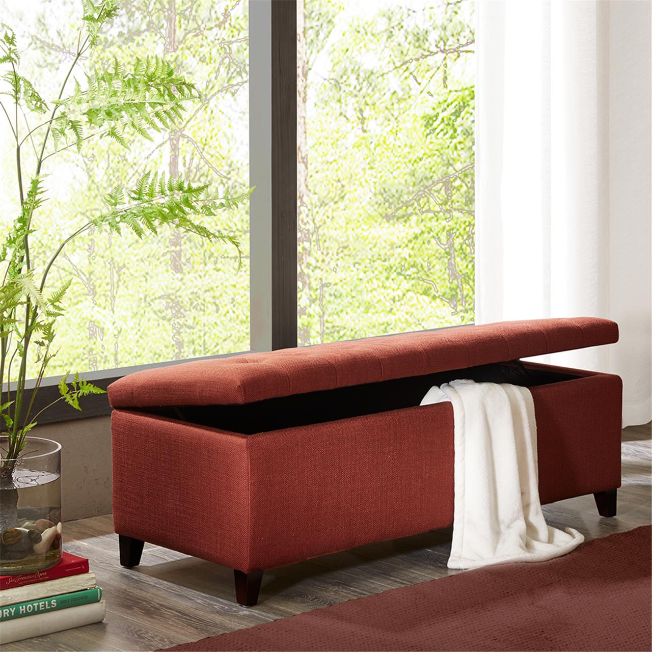 Storage Ottoman Bench with Button Tufted Top, Red