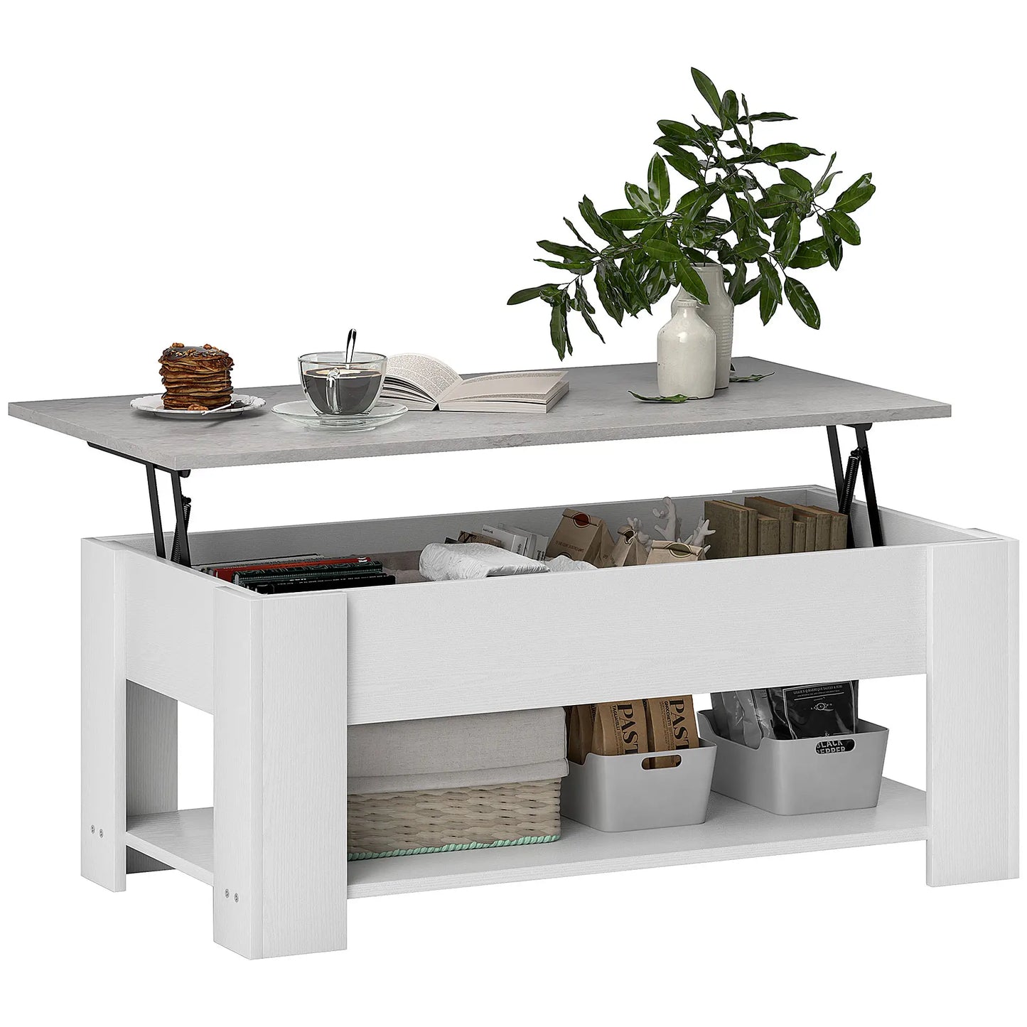 Lift Top Coffee Table with Hidden Storage Compartment and Open Shelf, White