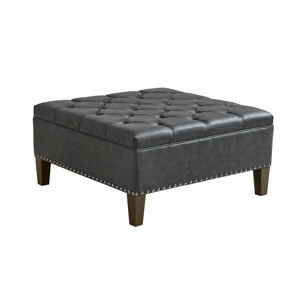 Leathered Tufted Square Storage Ottoman, Charcoal Grey