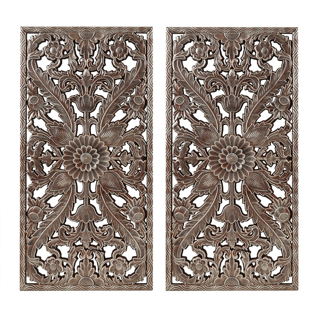 Antique Carved Wooden Boho 2-Piece Wall Art Decor, Natural