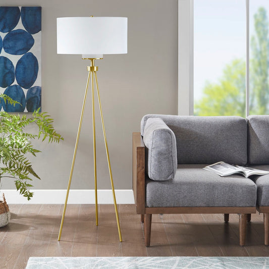 Gold Base Tripod White Shade Floor Lamp