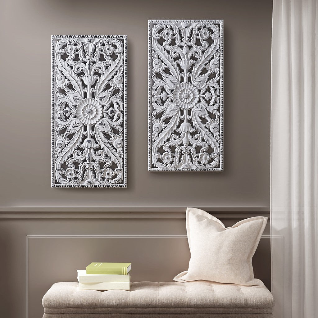 Boho Carved Wooden Panels Wall Decor, White