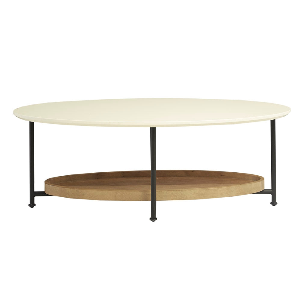 White Oval Coffee Table with Wood Base Shelf