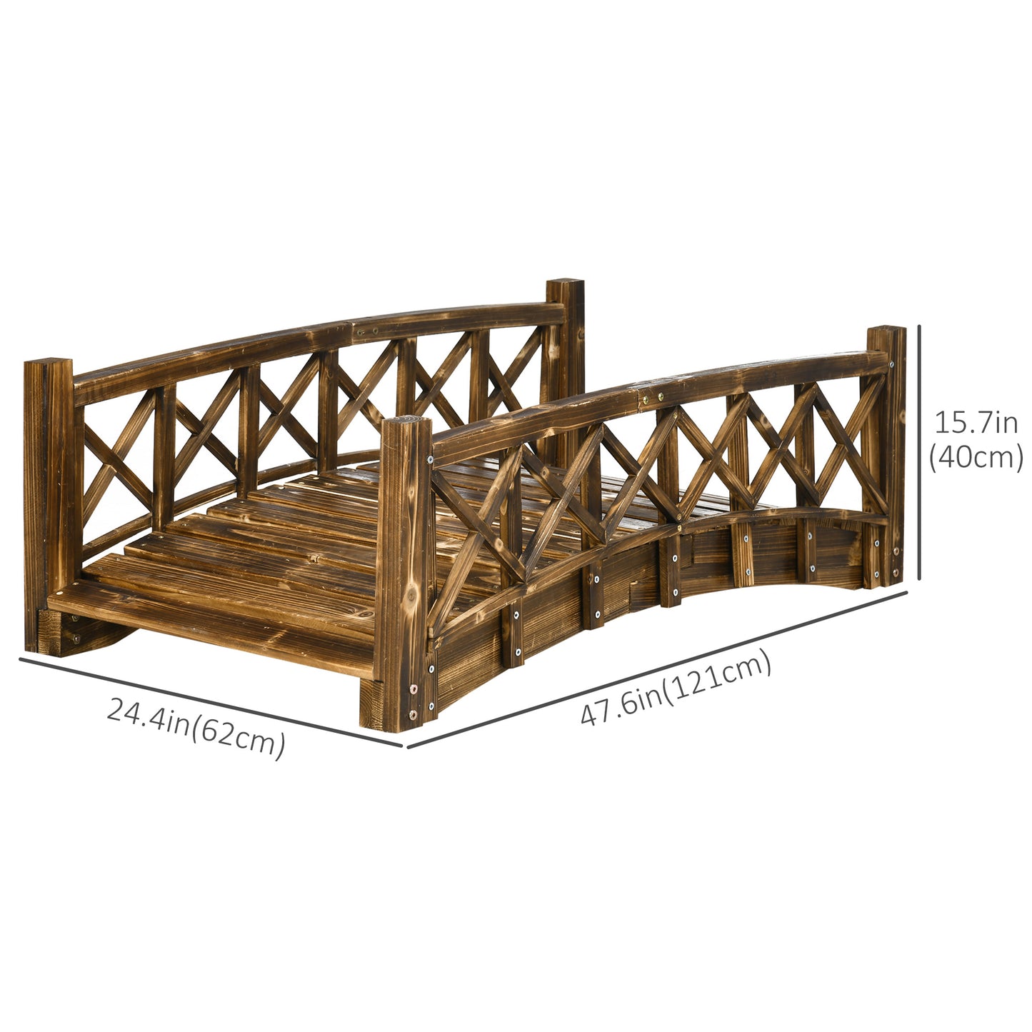 4FT Wooden Garden Bridge, Arc Footbridge with Safety Rails, Outdoor Decorative Landscaping for Pond Backyard Stream, Stained Wood