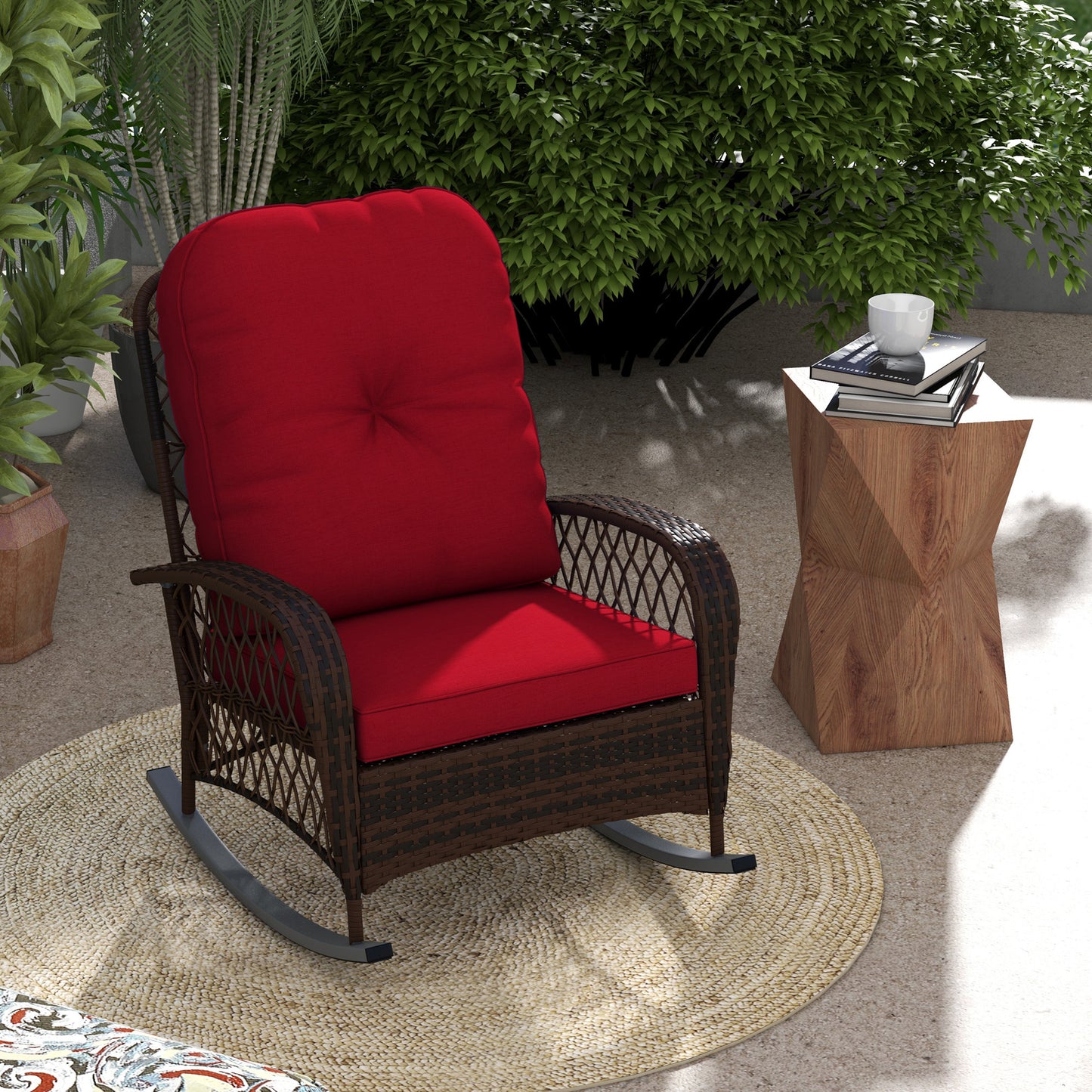 Outdoor Wicker Rattan Rocking Chair Patio Rocker with Thick Cushions for Garden Backyard Porch, Red