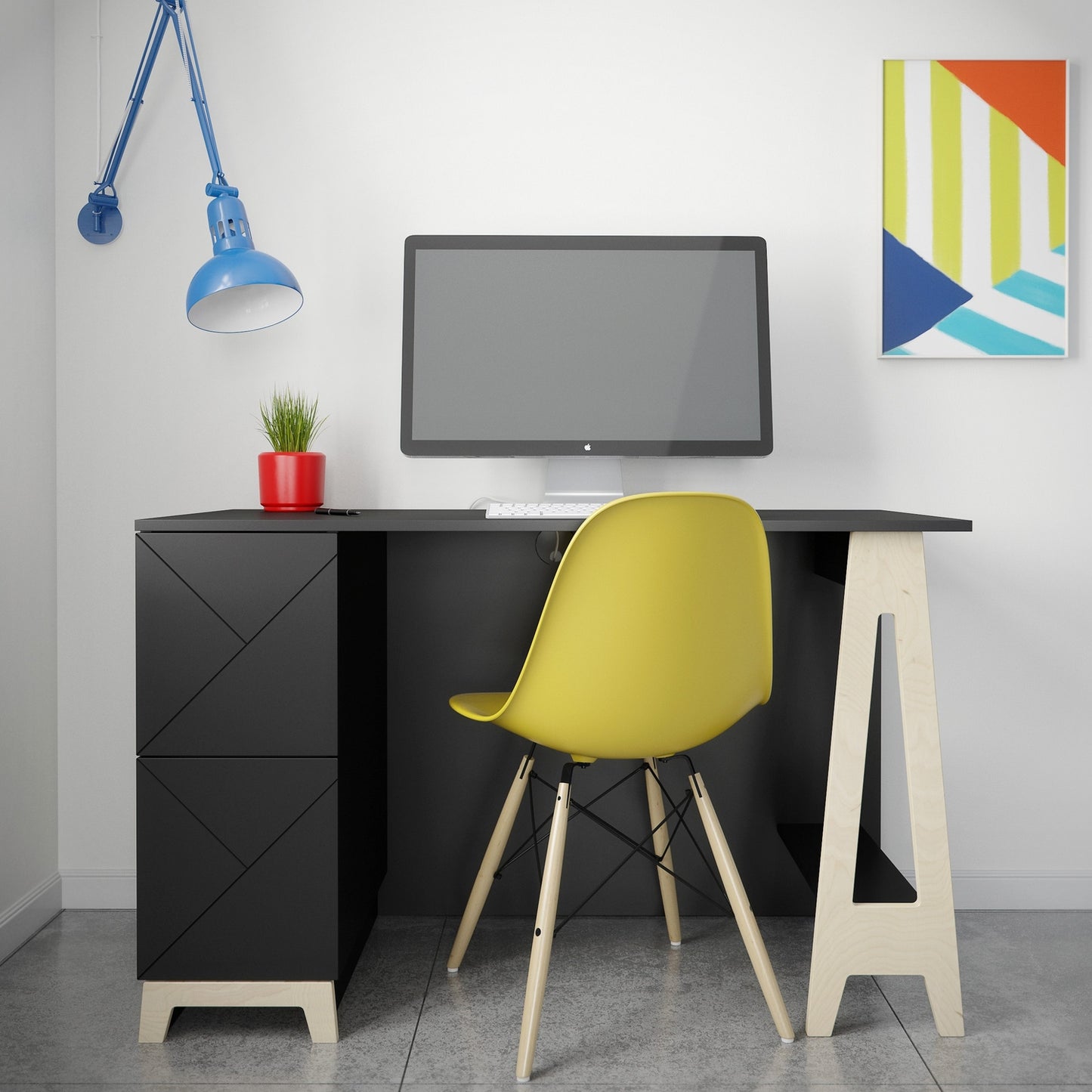 Nexera Atypik 2-Drawer Desk, Black and Birch Plywood