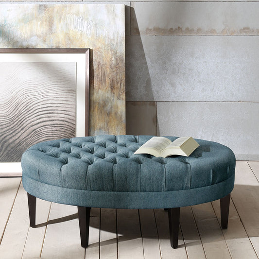 Oval Ottoman Button Tufted Bench, Teal Blue