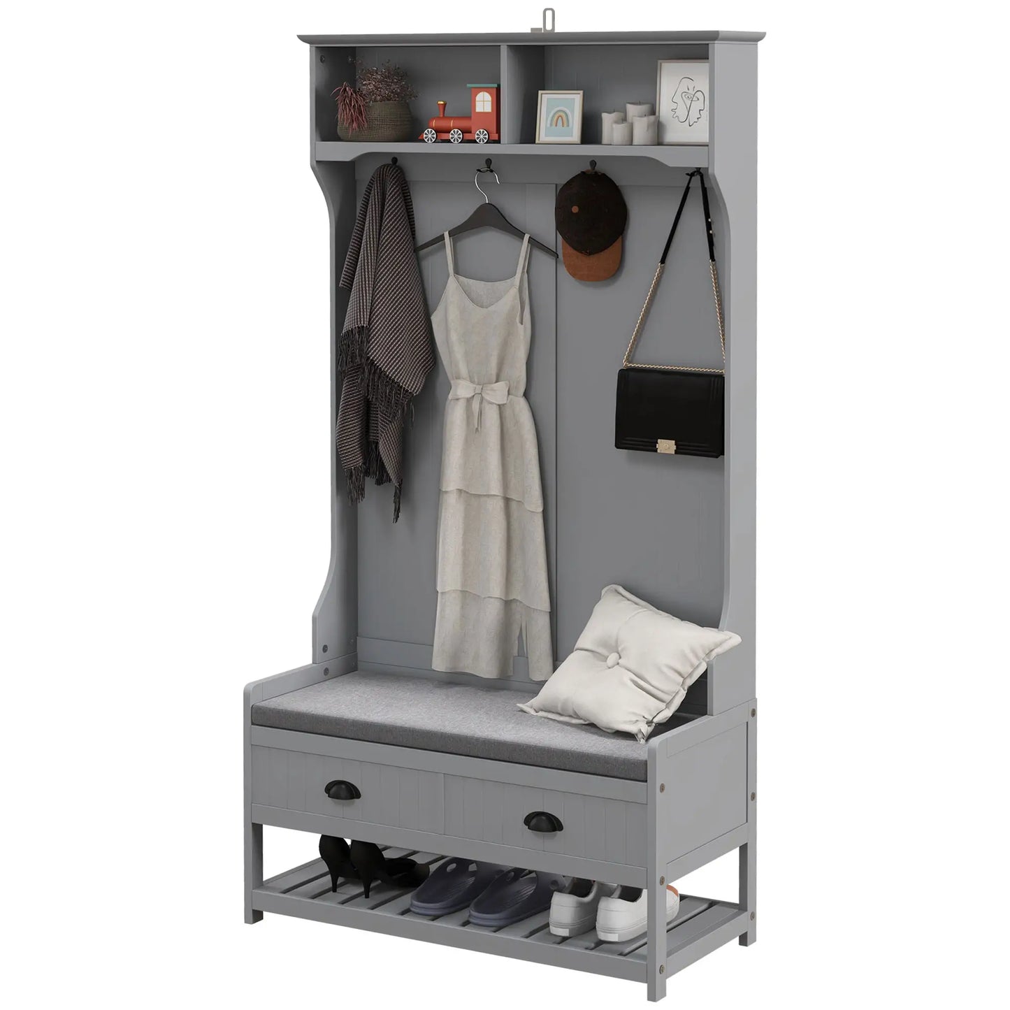 Clothing Storage, Coat Stand, Shoe Storage Bench Organizer with Coat Hanger, Drawers Padded Seat Cushion Grey