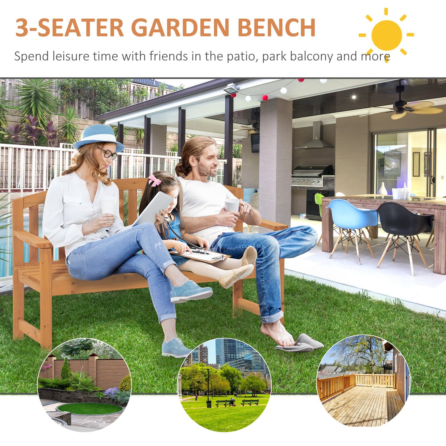 Outsunny 4.6Ft Garden Bench, 3 Seater Outdoor Patio Seat with Slatted Design for Park, Yard, Indoor, Orange