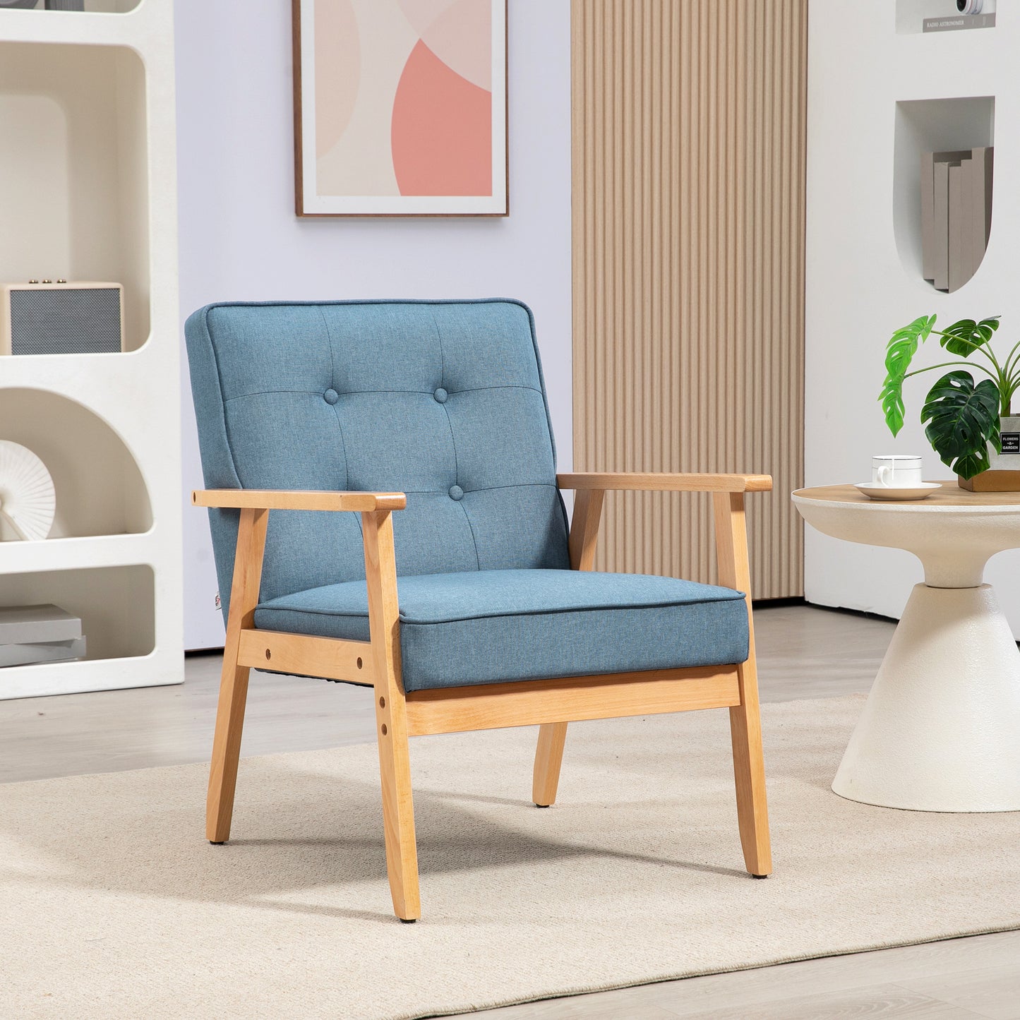 Modern Armchair Fabric, Accent Chair with Tufted Back, Wood Legs and Thick Padding for Living Room, Bedroom, Blue