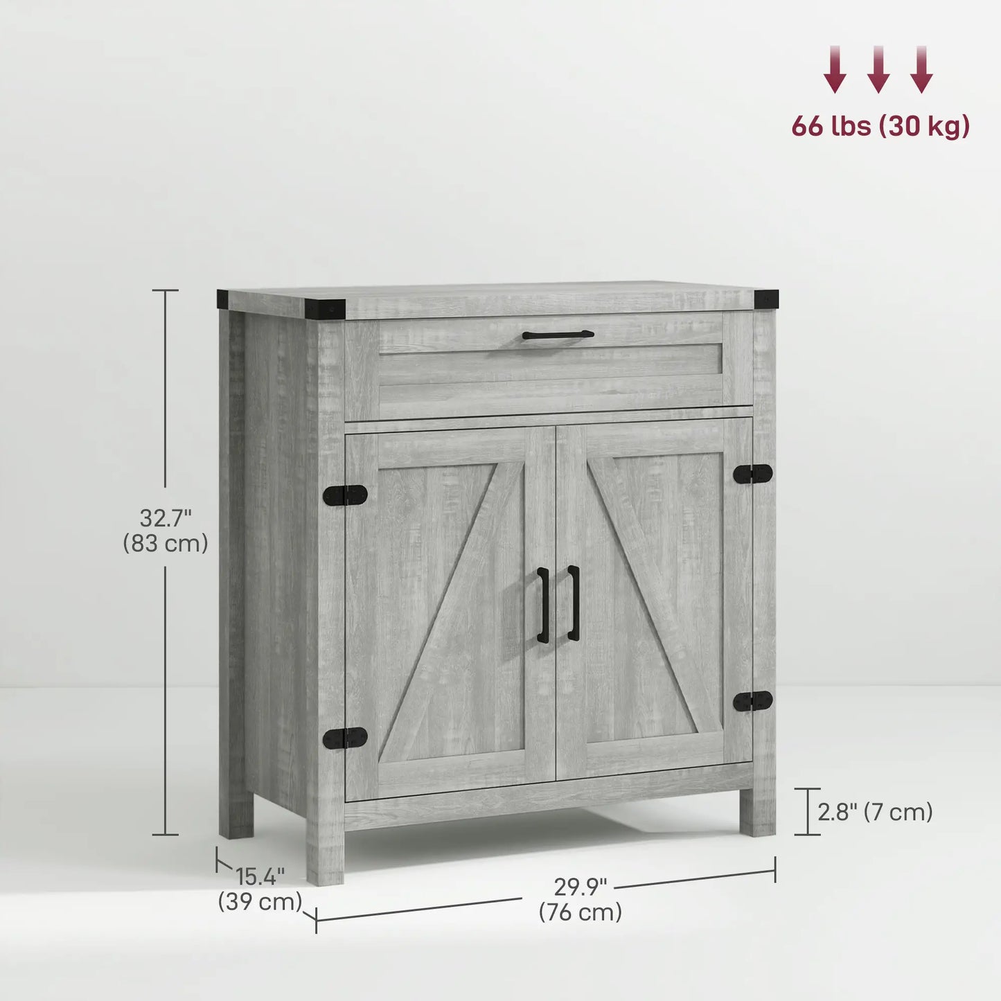 Farmhouse Kitchen Storage Cabinet or Entryway with 2 Rustic Barn Doors and Drawer, Light Grey