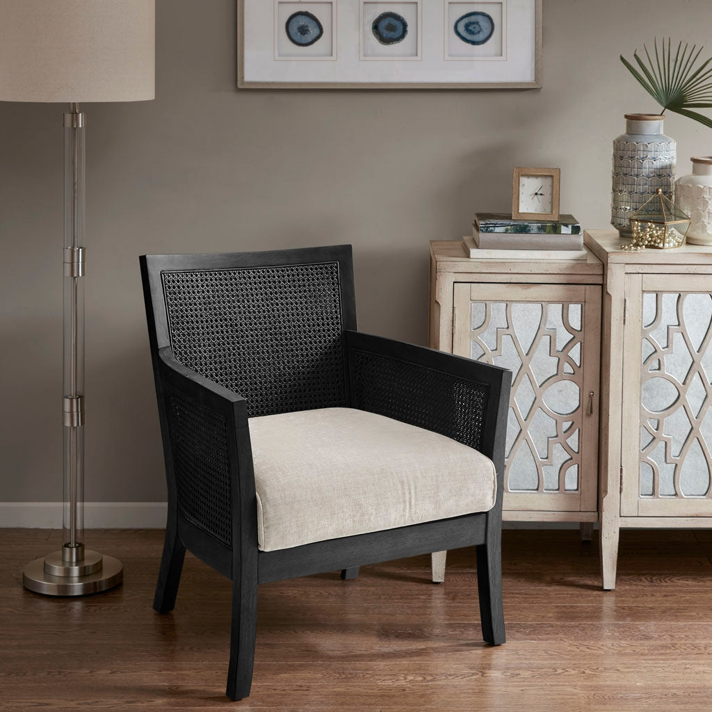 Cane Back Farmhouse Armed Accent Chair, Black