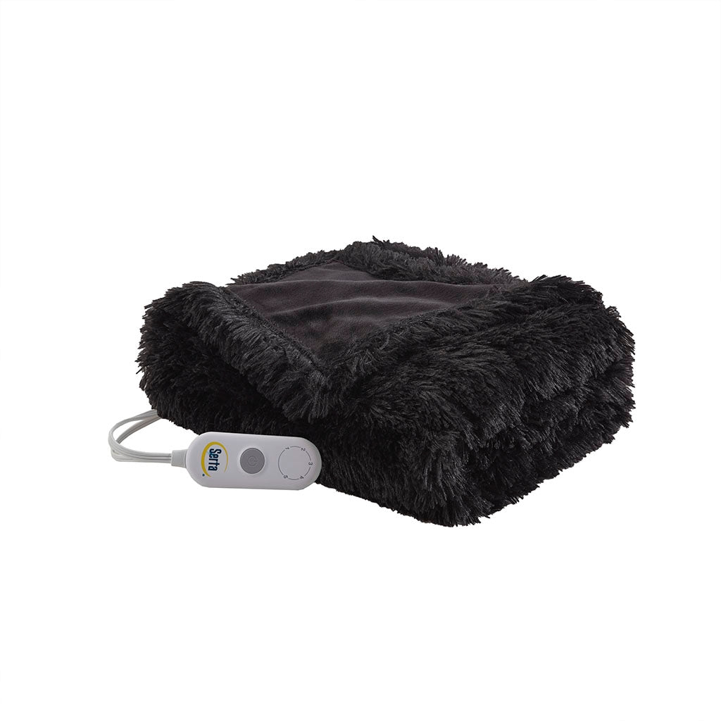 Heated 50x60" Shaggy Faux Fur Electric Throw Blanket, Black