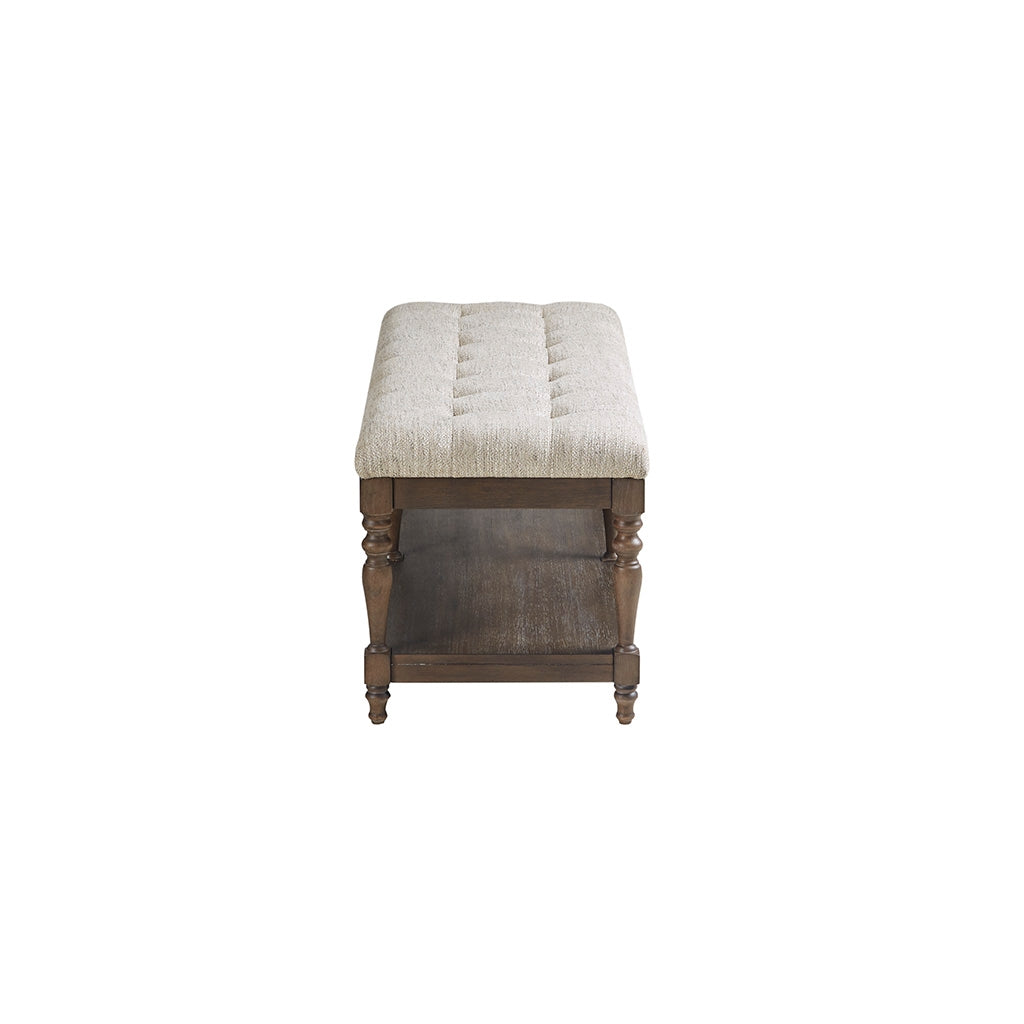 Terra Tufted Upholstered Accent Bench with Wood Shelf, Ivory